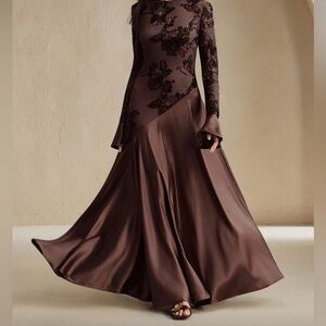 Gorgeous chocolate brown long sleeve silk & embroidered maxi dress
